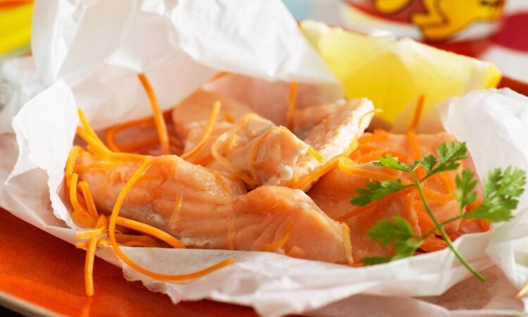 Salmon cooked with aluminium paper parcels