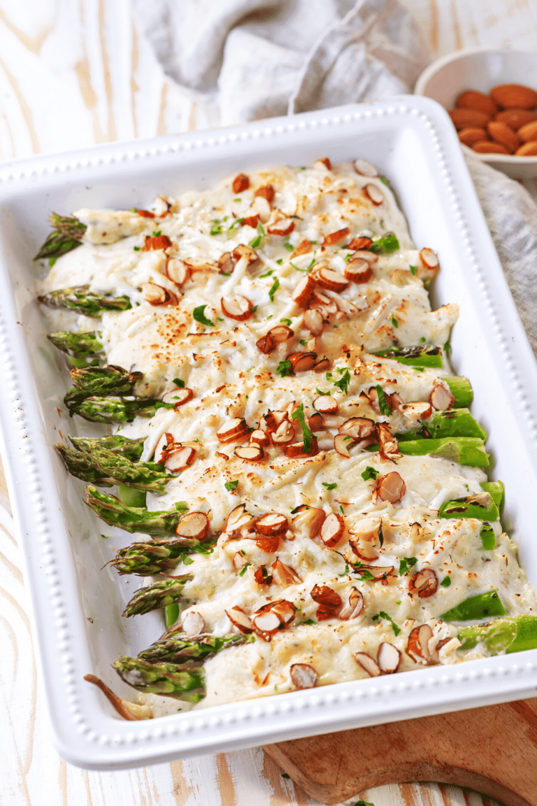 Asparagus Casserole In a Creamy Alfredo Sauce Topped With Cheese