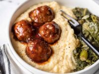 BBQ Meatballs with Cheese Grits