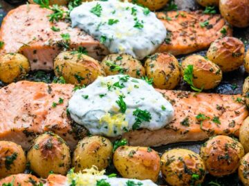Salmon with Dill Sauce and Roasted Baby Potatoes Sheet Pan Dinner